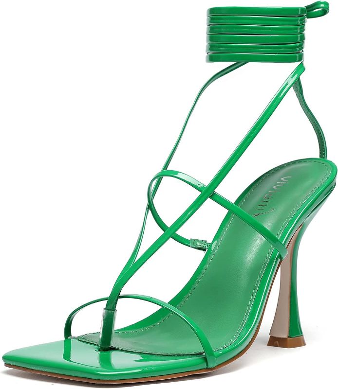 Photo 1 of [Size 10] vivianly Square Toe Lace Up Thong Heeled Sandals Strappy Stiletto High Heels. Green