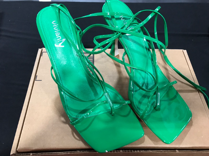 Photo 2 of [Size 10] vivianly Square Toe Lace Up Thong Heeled Sandals Strappy Stiletto High Heels. Green