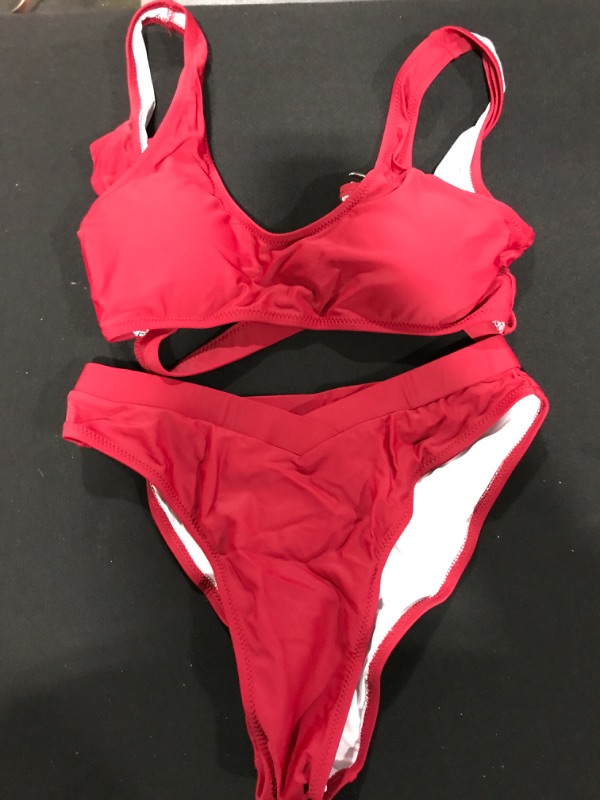 Photo 2 of [Size Medium ] Blooming Jelly Womens Cheeky High Cut Bikini Set Cutout High Waisted Swimsuits Backless 2 Piece Bathing Suits -Wine Red