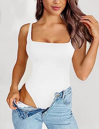 Photo 1 of [Size XL] SAUNGKUAI Women's Square Neck Sleeveless Open Back Tank Top Thong Bodysuit- White