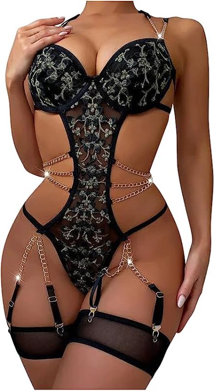 Photo 1 of [Size M] Women's 3 Piece Floral Lace Lingerie Set Mesh See Through Sexy Bra and Panty Set Black and Gold