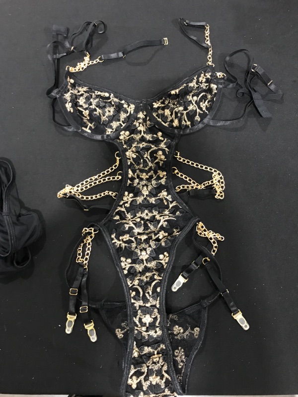 Photo 2 of [Size M] Women's 3 Piece Floral Lace Lingerie Set Mesh See Through Sexy Bra and Panty Set Black and Gold