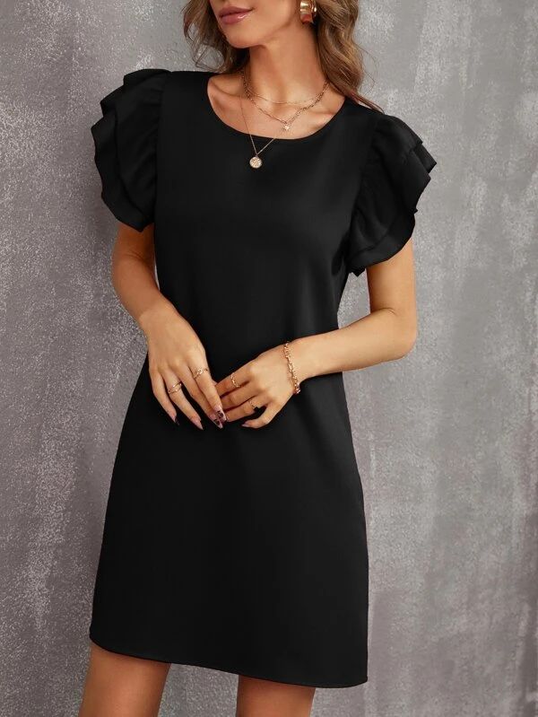 Photo 1 of [Size M] SHEIN Layered Ruffle Trim Tunic Dress- Black