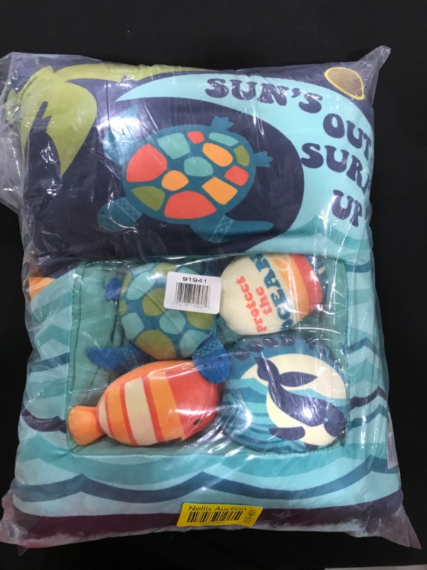 Photo 2 of KIDS PREFERRED Peek n Cuddle 16” Suns Out Surfs Up Pillow with Three Plush Toys and Clip On Pal Inside, 5 Piece Set