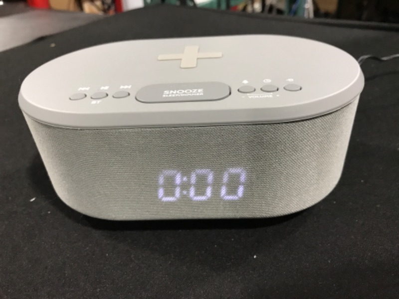 Photo 2 of Bedside Radio Alarm Clock with USB Charger, Bluetooth Speaker, QI Wireless Charging, Dual Alarm Dimmable LED Display (Grey) Gray