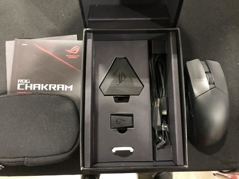 Photo 2 of ASUS ROG Chakram X Origin Gaming Mouse, Tri-Mode connectivity (2.4GHz RF, Bluetooth, Wired), 36000 DPI Sensor, 11 programmable Buttons, Detachable Joystick, Paracord Cable, Black
