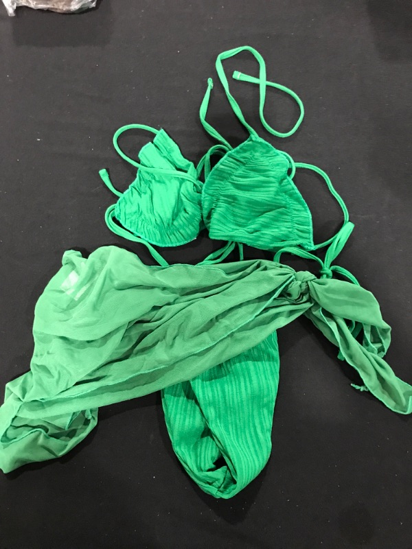 Photo 2 of [Size M] Lilosy Sexy 3 Piece Skirt Cover Ups Bikini Set String Tie Triangle Thong Swimsuit Medium 3 Pieces Green