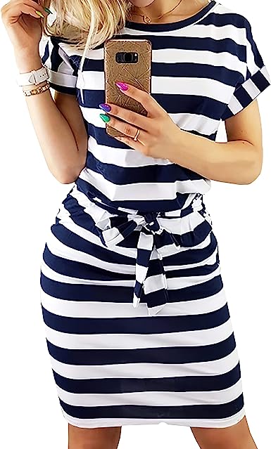 Photo 1 of [Size XL] PRETTYGARDEN Women's Summer Short Sleeve Crewneck Striped Dress Basic Solid Tie Waist Office T Shirt Dresses Pockets

