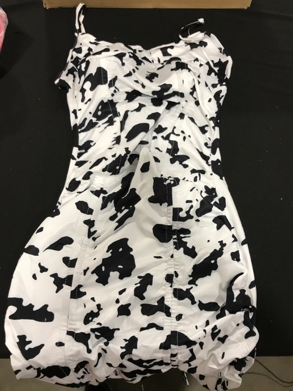 Photo 2 of [Size XS] MakeMeChic Women's Cow Print Spaghetti Strap Sleeveless Drawstring Ruched Mini Bodycon Dress Black and White 