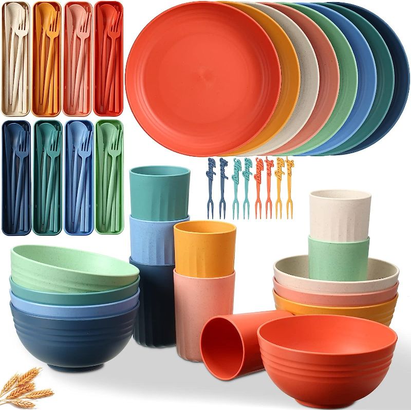 Photo 1 of 56 Pieces Wheat Straw Dinnerware Set Unbreakable Plastic Plate and Bowl Dishes 