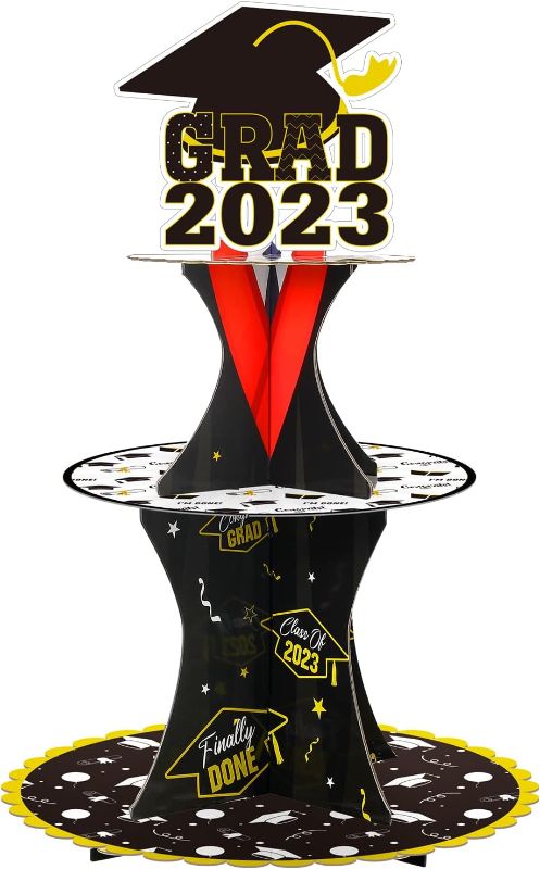 Photo 1 of 3 Tier Graduation Cupcake Holder Decoration 2023 Black and Gold Graduation (2pk)