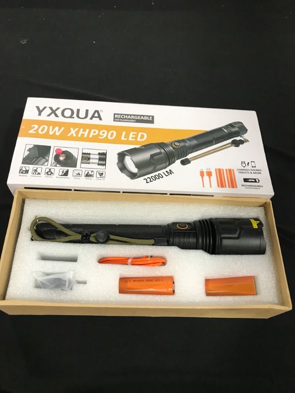 Photo 2 of YXQUA 22000 Lumens Flash Light - Super Bright 1500 Feet Powerful USB Rechargeable Flashlight with 5 Modes, Waterproof, LED Tactical Flashlight for Outdoor Camping Emergency 