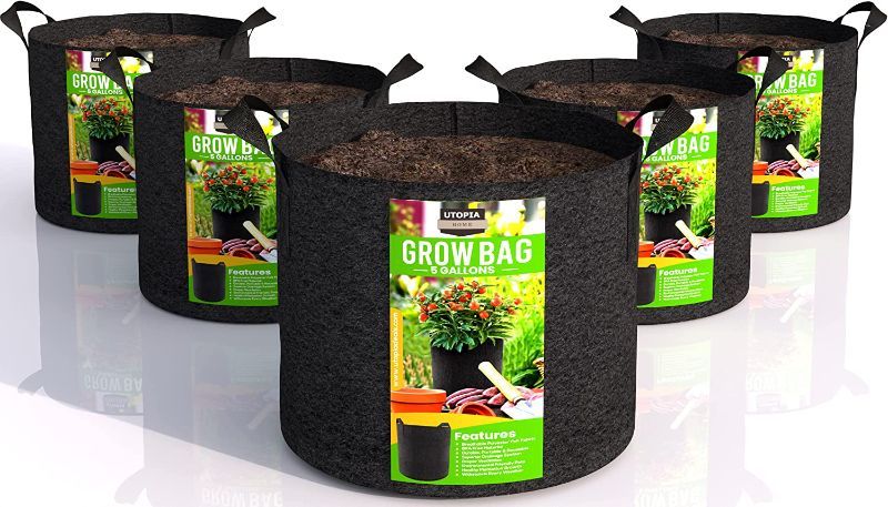 Photo 1 of 5-Pack 5 Gallon Fabric Grow Bags, Heavy Duty (Black) 