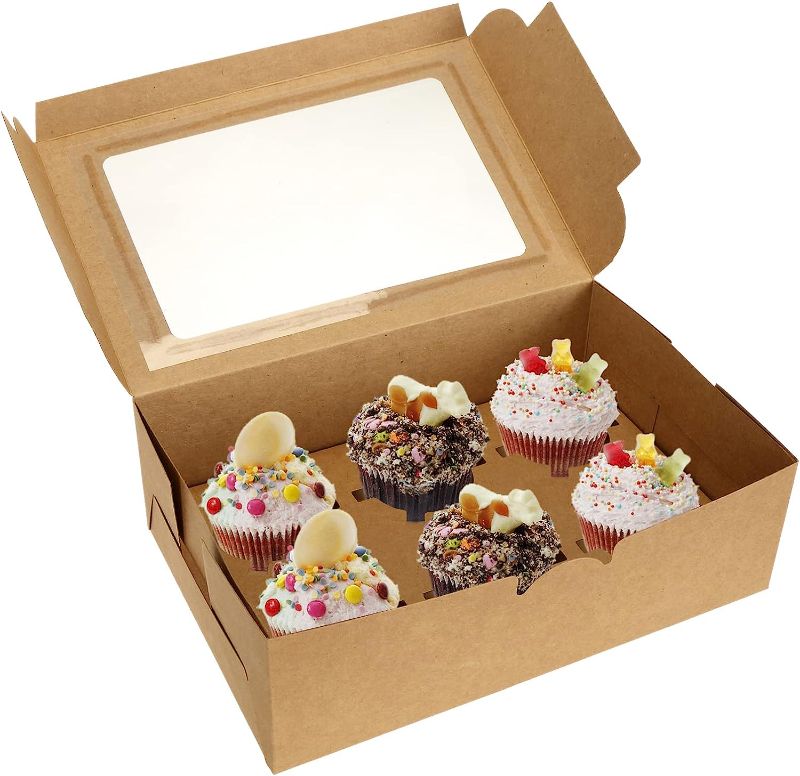 Photo 1 of 50 Pack Kraft Cupcake Box with Insert and Window Hold 6 Standard Cupcake