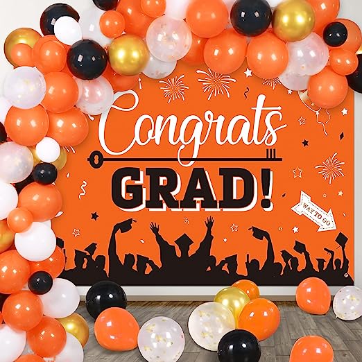 Photo 1 of 2023 graduation decorations, 80Pcs Graduation Balloons Set+ 1Pcs Graduation Photography Backdrop Banner for College High School Middle School Graduation Decor- Orange
