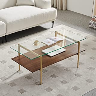 Photo 1 of AGV 202206 Tadio Glass Coffee Table, Double Layer Glass Coffee Table for Living Space, Gold Finish Frmae, Ultra-Clear Glass & Walnut Wood Top