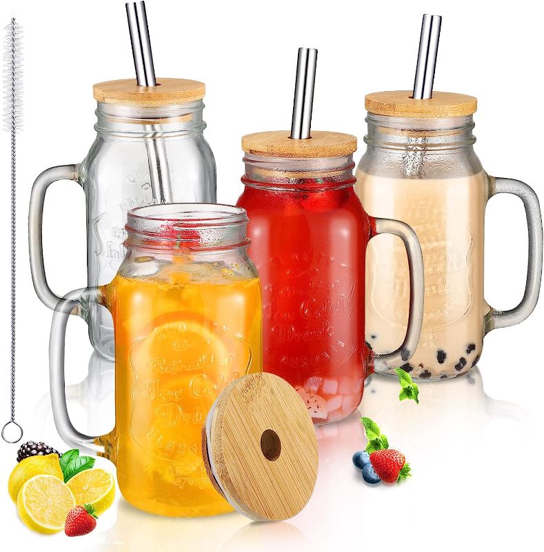 Photo 1 of 4 Pack Mason Can Jar Mugs with Handle, Bamboo Lids and Stainless Steel Straws 24 Oz Smoothie Jar Drinking Glasses Reusable Wide Mouth Mason Can Jar Cup for Iced Coffee Large Pearl Juices Cocktail