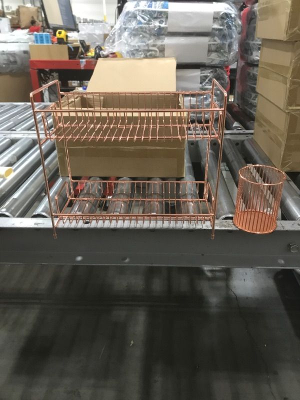 Photo 1 of 2 Tier rose Gold Cosmetic Organizer Shelf with Make up Brush Holder Countertop Storage Organizer Standing Rack for Basin, Dressing Table, Living Room, Bedroom