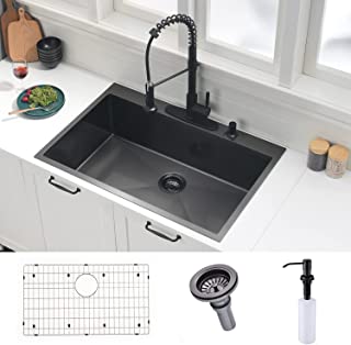 Photo 1 of 33 Inch Black Kitchen Sink Drop In-Bokaiya 33x22 Black Stainless Steel Drop In Kitchen Sink Topmount 16 Gauge Deep Matte Black Single Bowl Kitchen Sink with Dish Grid & Roll Up Rack