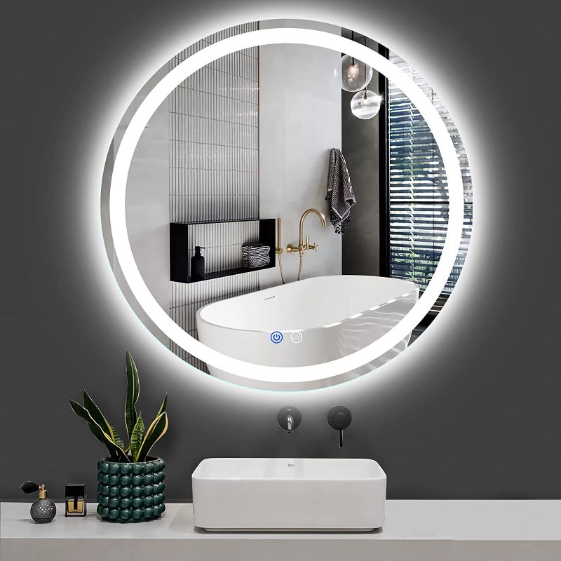 Photo 1 of  24 Inch LED Round Backlit Mirror, Fashion Bathroom Decor Vanity Mirror with 3000K/4000K/6000K Adjustable, Anti-Fog, Smart Touch Button, Stepless Dimmable Lighted Makeup Mirror
