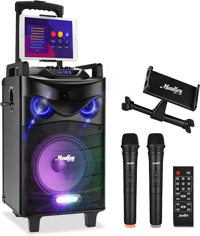 Photo 1 of Moukey Karaoke Machine, PA System Woofer, Portable Bluetooth Speaker w/ 2 Wireless Microphones, Lyrics Display Holder, Party Lights & Echo/Treble/Bass Adjustment, Support TWS/REC/AUX/MP3/USB/TF/FM
