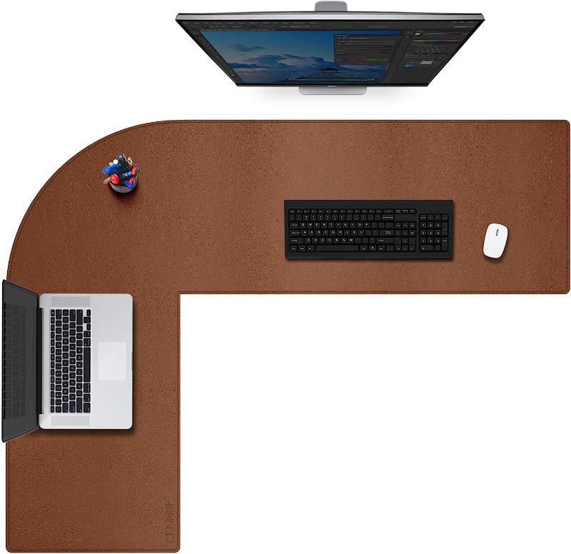 Photo 1 of CENNBIE Dual Sided L Shaped Desk Pad,????Corner Leather Desk Pad,l Shaped Desk Gaming mat,Waterproof l Shaped Leather Mouse pad,Home Office Accessories Corner Desk Mat(Brown)
