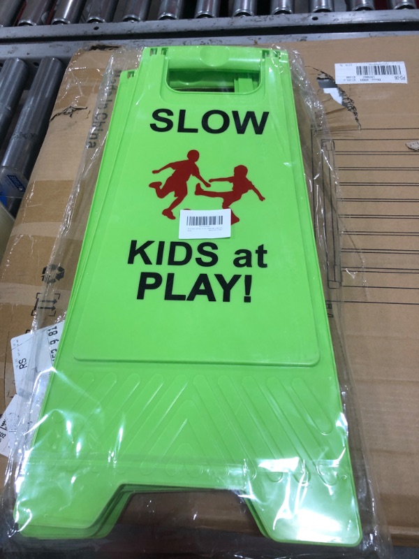 Photo 2 of Children at Play Safety Signs, 2 Pack Kids at Play Signs with Reflective Tape, Double-Sided Text and Graphics Easier to Identify, Kids at Play and Slow Down Signs for Street Neighborhoods Schools Park Sidewalk Driveway( Green) 2 Pack Green