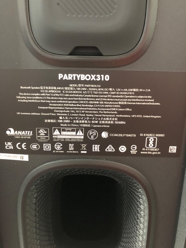 Photo 7 of JBL Partybox 310 - Portable Party Speaker with Long Lasting Battery, Powerful JBL Sound and Exciting Light Show,Black

NO CHARGER  