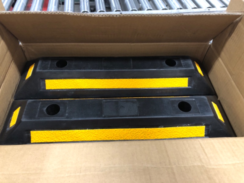 Photo 2 of F COME 2 Pack Heavy Duty Rubber Parking Block Parking Curb - Wheel Stop Stoppers with Scatter Glass Reflective Yellow Targets for Car Garage Floor Stops and Truck RV Stop Aid Indoor Outdoor parking block 2 pack