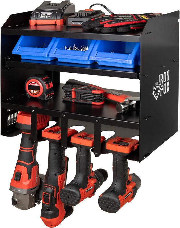 Photo 1 of 3-Tier Power Tool Organizer Wall Mount Design - Drill Holder Power Tool Storage Rack Holds Cordless Drills, Tools, Batteries, Chargers & More | Heavy Duty Drill Rack Made from Powder Coated Steel
