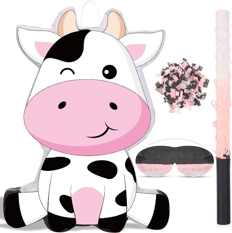 Photo 1 of Cow Pinata Cow Theme Party Supplies Farm Cow Animal Birthday Party Favors Cow Birthday Party Pinata with Blindfold Stick and Confetti for Girls Boys Kids Birthday Party Decor, 16 x 12 x 3.2 Inch
