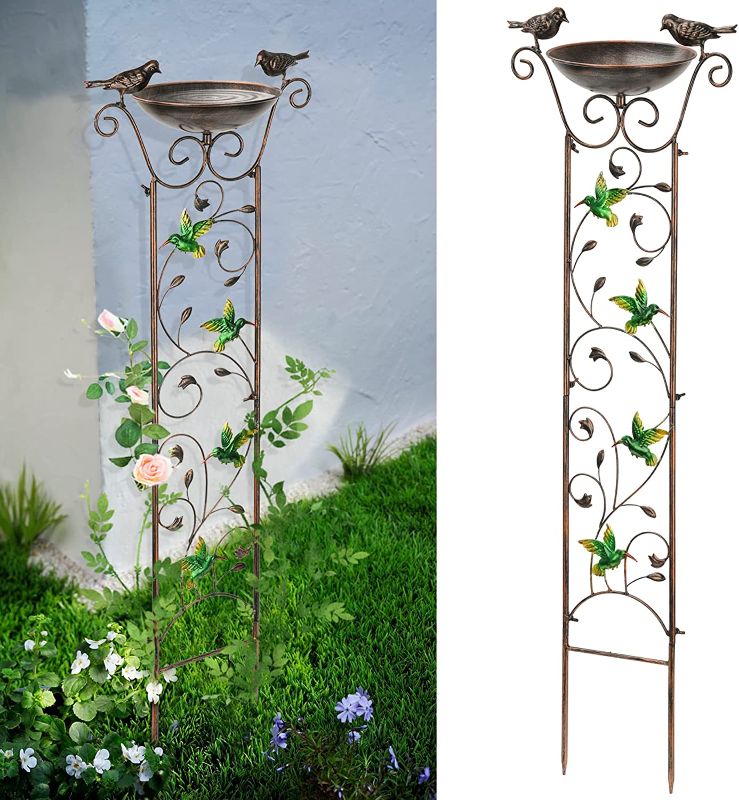 Photo 1 of  Bird Bath with Trellis Outdoor, Antique Garden Iron Plant Trellis with Decorative Hummingbirds Detachable Bird Bath Bowl Metal Potted Plant Support for Climbing Flowers