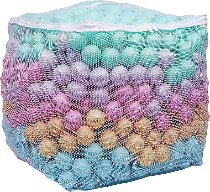 Photo 1 of Amazon Basics BPA Free Crush Proof Plastic Pit Balls with Storage Bag, Toddlers Kids 12+ Months, 1000 Count, 6 Pastel Colors
