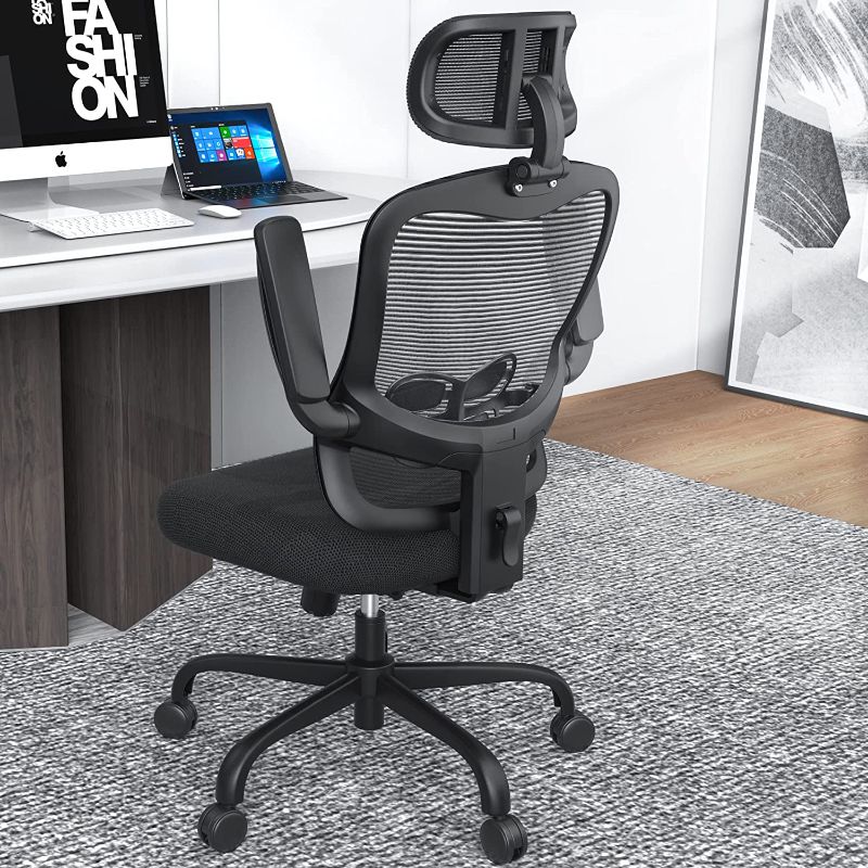 Photo 1 of  Ergonomic Desk Mesh Office Flip up Arms & Adjustable Back Height-Comfortable Computer Task Chairs with Lumbar Support for Small Spaces, Black
