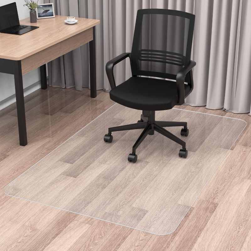 Photo 1 of Blvornl Office Chair Mat for Hard Wood Floor, Durable Plastic Protector Floor Mat for Office Chair, Rectangle Transparent PVC Computer Hard Floor Chair Mat for Desk, Office, Home (Clear, 35.5 X 48in)
