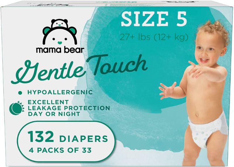 Photo 1 of Amazon Brand - Mama Bear Gentle Touch Diapers, Hypoallergenic, Size 5, 132 Count (4 packs of 33), White
