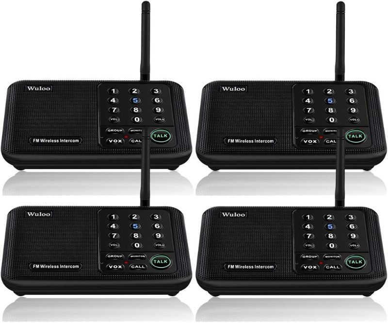 Photo 1 of Wuloo Intercoms Wireless for Home 5280 Feet Range 10 Channel 3 Code, Wireless Intercom System for Home House Business Office, Room to Room Intercom, Home Communication System (4 Packs, Black)
