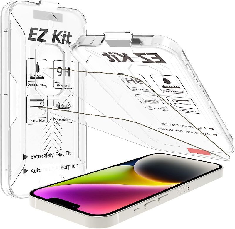 Photo 1 of (Pack of Two) KCT Tempered Glass Screen Protector Compatible with iPhone 14 Pro Max (6.7 inch, 2022) / iPhone 14 Plus / iPhone 13 Pro Max, [9H Hardness] [Ultra High Definition] [EZ Kit] [Automatic Alignment] - 2 Pack 