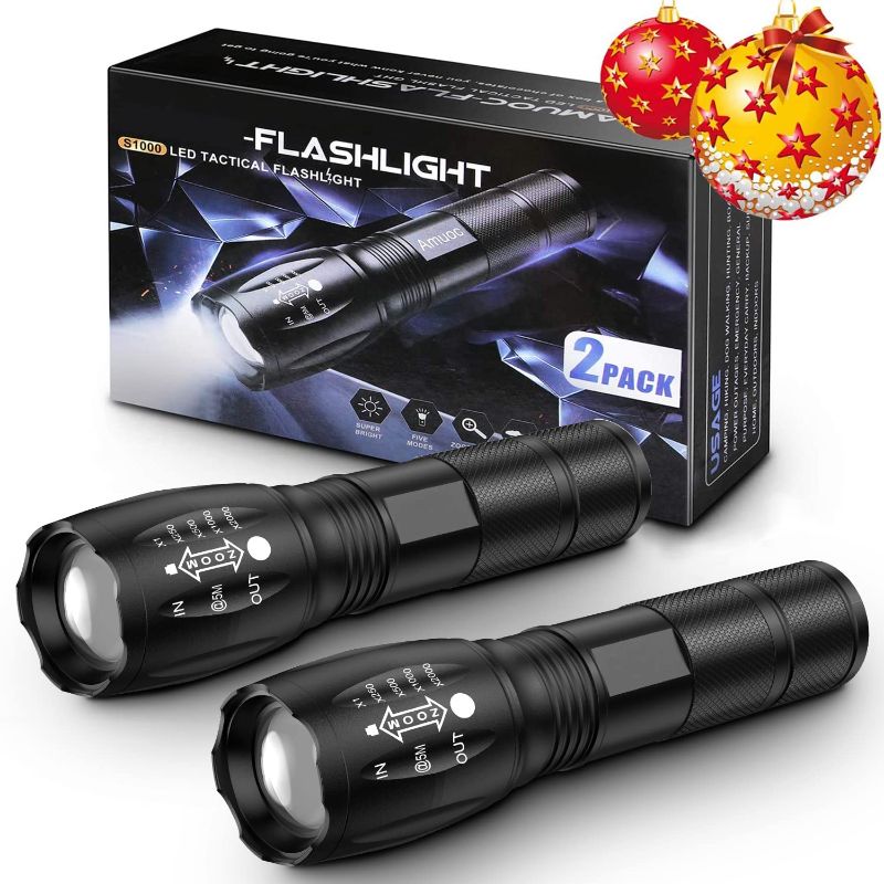 Photo 1 of Qisebin 2Pack Rechargeable LED Tactical FLashlights High Lumens, 1000 Lumens Super Bright, Zoomable, IPX5 Waterproof, 5Modes (Batteries Not Included),Black