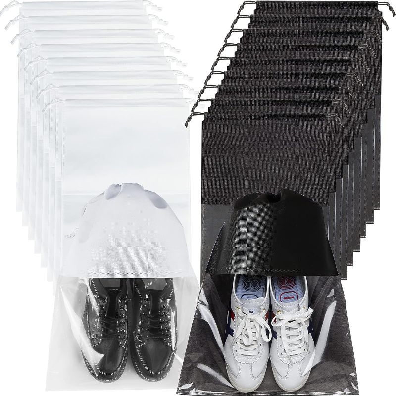 Photo 1 of 17PCS Travel Shoe Bags, Drawstring Non-Woven Shoe Storage Bags, Large Household Portable Shoes Organizers, Dustproof & Waterproof Sports Shoe Bags for Men Women (White & Black)
