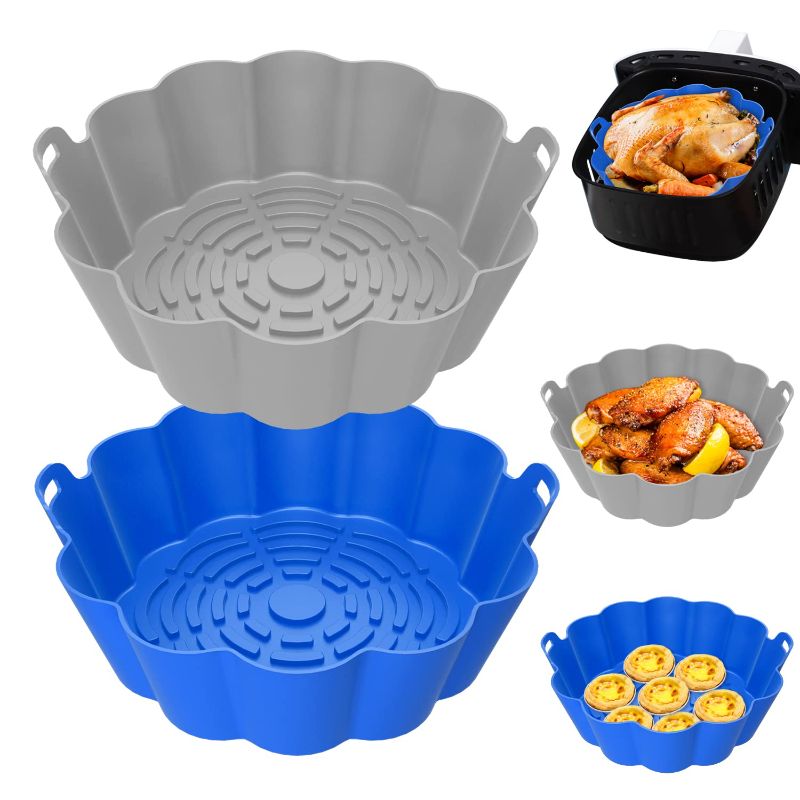 Photo 1 of 2 Pack Air Fryer Silicone Liners, Air Fryer Accessories for 3 to 5 QT, Replacement of Flammable Parchment Paper, Reusable Airfryer Liners Silicone, Baking Tray, Blue+Grey, (Top 8.5in, Bottom 6.6in) Blue+Grey 7.5inch?3 to 5 QT?