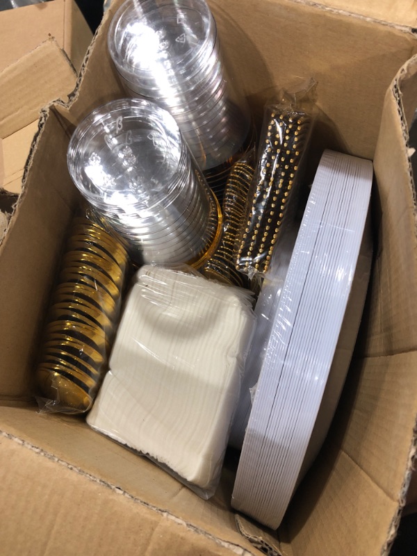 Photo 2 of 175 Piece Gold Dinnerware Set - 50 Gold Rim Plastic Plates - 25 Gold Plastic Silverware - 25 Gold Plastic Cups - 25 Linen Like Gold Paper Napkins, 25 Guest Disposable Gold Dinnerware Set