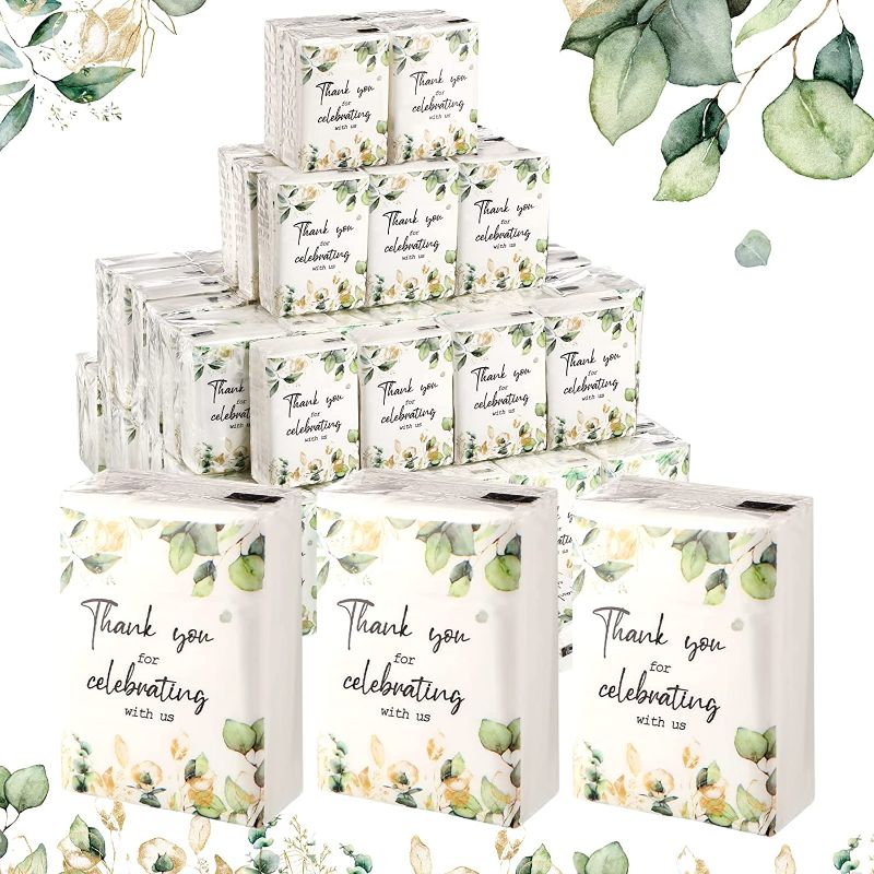 Photo 1 of 100 Pack Pocket Tissues Wedding Tissue Packs Travel Size Facial Tissues 3 Ply Mini Size Tissue Thank You for Celebrating With Us Individual Tissues for Wedding Graduation Celebration (Eucalyptus)
