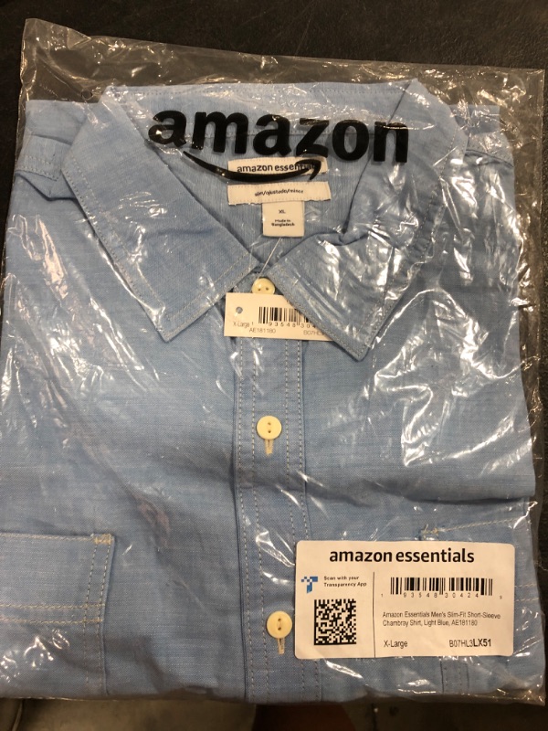 Photo 2 of Amazon Essentials Men's Slim-Fit Short-Sleeve Chambray Shirt X-Large Light Blue
SIZE XL