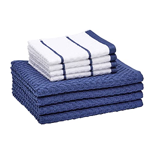 Photo 1 of Amazon Basics 100% Cotton Terry Kitchen Dish Cloth & Towel Set, Popcorn Texture - 8-Pack, Navy Stripe
