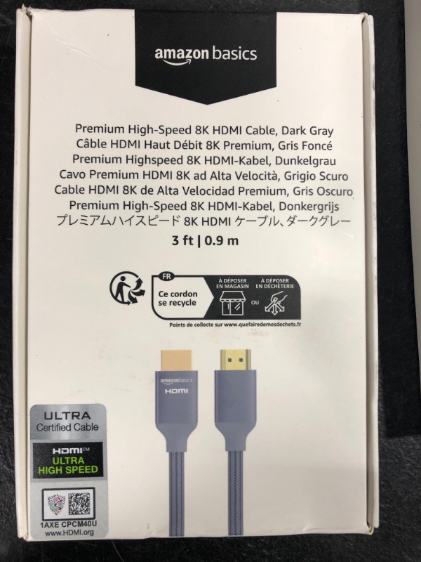 Photo 2 of Amazon Basics High-Speed HDMI Cable (48Gbps, 8K/60Hz ) - 3 Feet, Dark Gray 1 Dark Gray 3 Feet