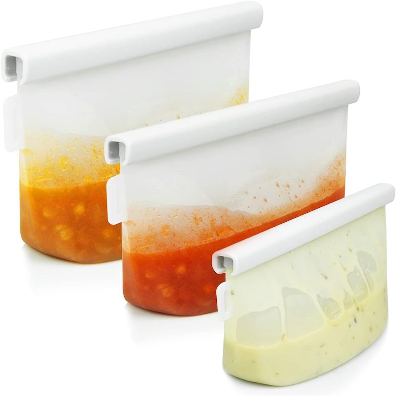 Photo 1 of 3 Pack Silicone Freezing Storage Bags - Reusable Soup Container BPA Free - Leak Proof Freezer Bag with Seal - Freeze and Store for Soup, Broth, Sauce, Leftovers and Food - Dishwasher Safe (17oz - 34oz - 51oz)