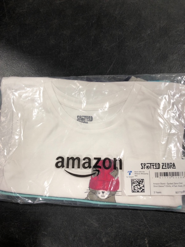 Photo 2 of Amazon Essentials Girls and Toddlers' Short-Sleeve T-Shirt Tops (Previously Spotted Zebra), Multipacks 4 Blue/Grey/White, Love/Skate 3T
SIZE 3T
