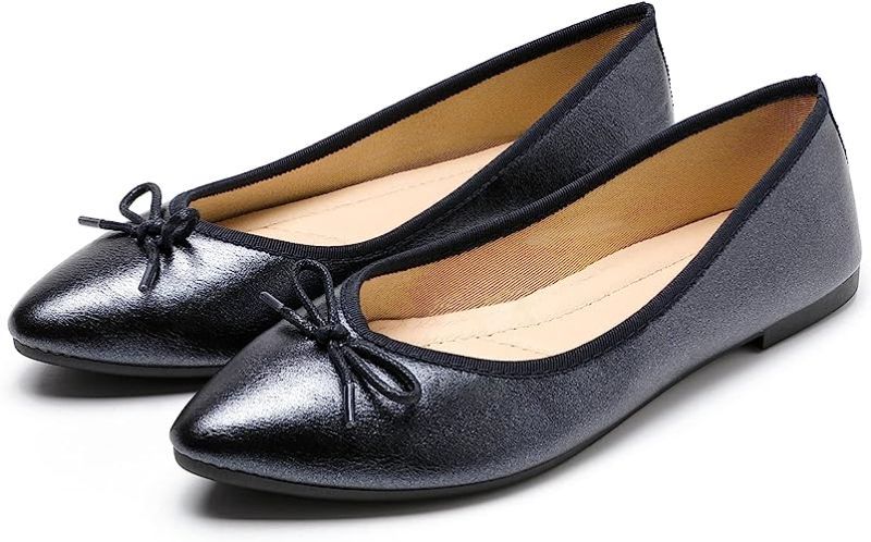 Photo 2 of  Women’s Flats Shoes Pointed Toe Bow Leather Black Ballet Flats Dress Shoes