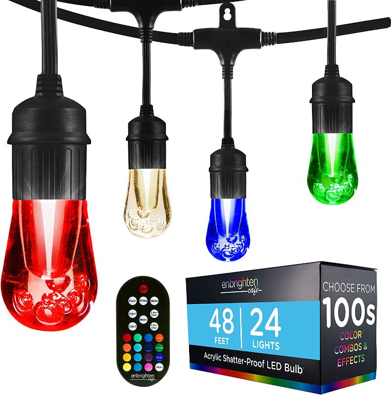 Photo 1 of Enbrighten Premium Color Changing String Lights, 48ft Black Cord, 24 Shatterproof Acryllic Bulbs, Weatherproof, Remote Control, Dimmable RGB LED, Outdoor String Lights, 37790
